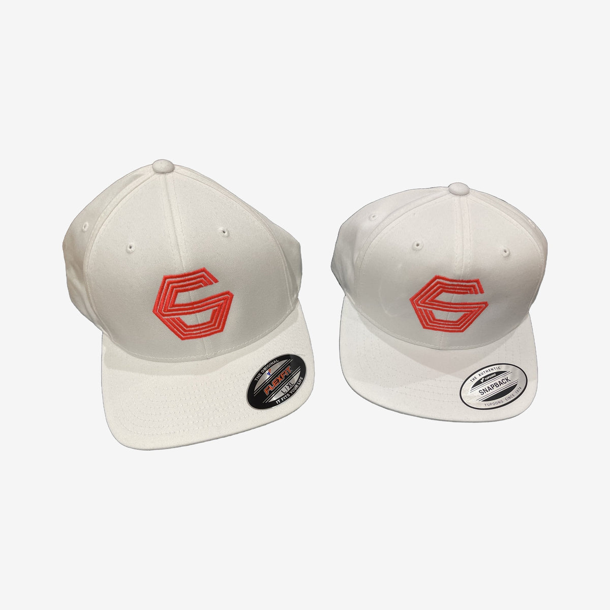 Custom embroidered caps — red G twins