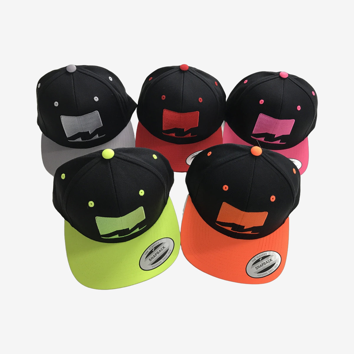 Custom embroidered snapback colourway set