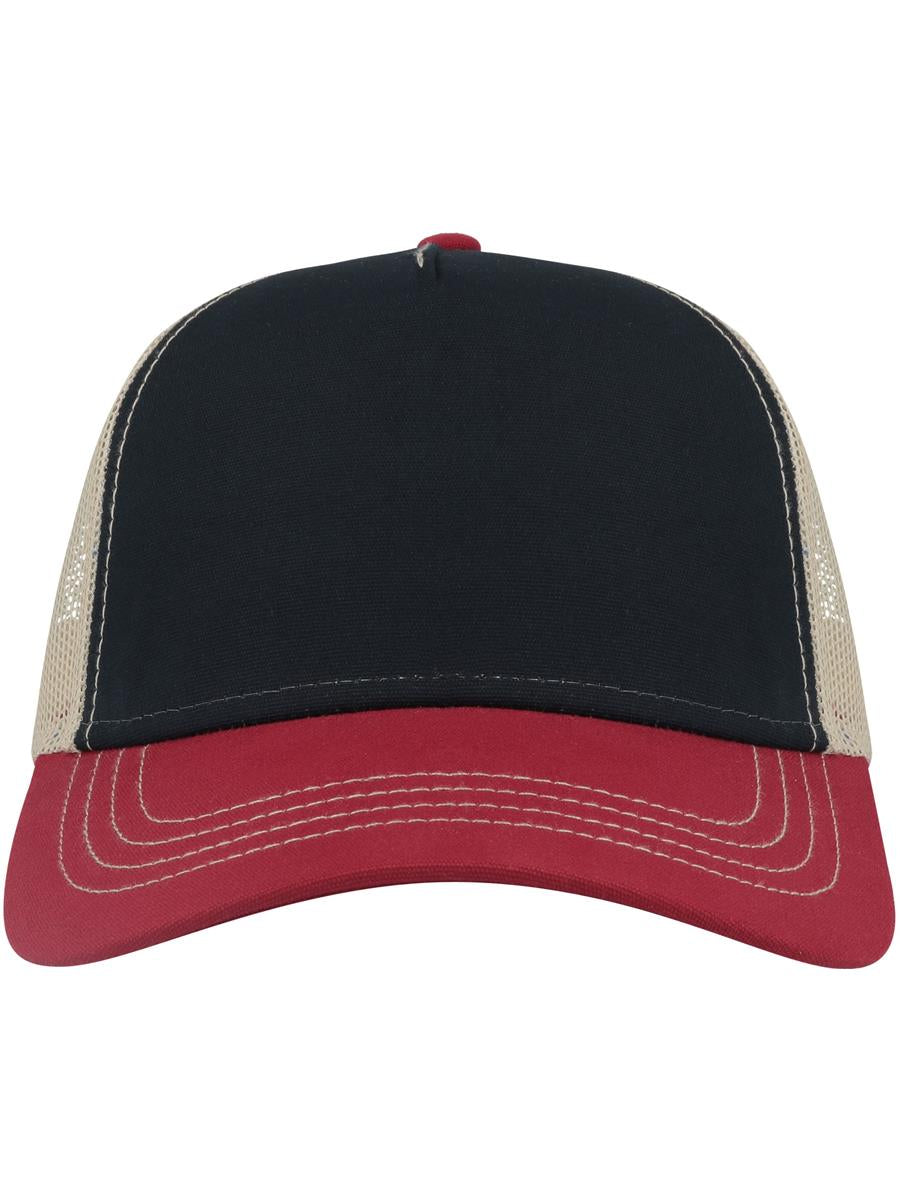 Rapper Canvas S Recycled 5 Panel Trucker — Navy/Burgundy/Khaki [ABS-COLOUR:ACRACS:NVBK]