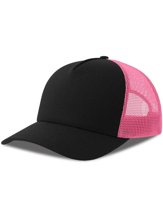 Rapper Cotton S 5 Panel Sustainable Trucker Cap | ACRPCT — Black/Fuchsia Fluo front [ABS-COLOUR:ACRPCT:NRFF]