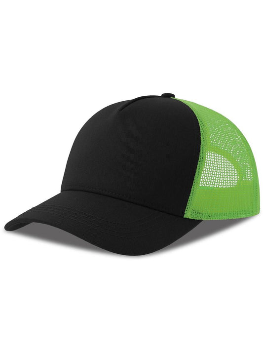 Rapper Cotton S 5 Panel Sustainable Trucker Cap | ACRPCT — Black/Safety Green front [ABS-COLOUR:ACRPCT:NRVF]