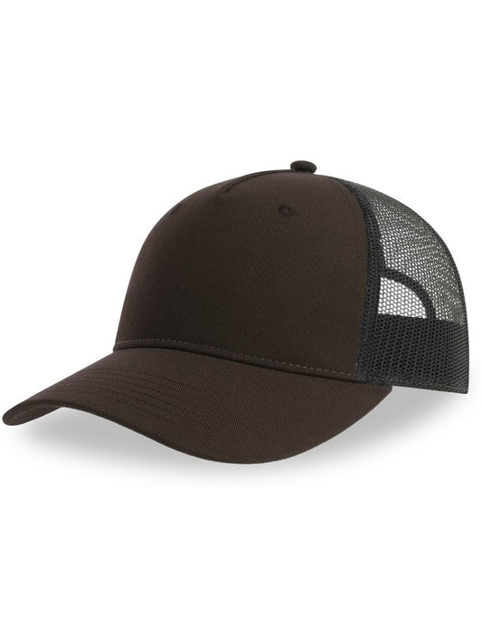 Zion Recycled Trucker 5 Panel Cap | ACZIOC — Brown/Black front [ABS-COLOUR:ACZIOC:MRNR]