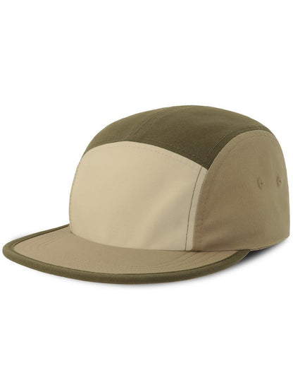 Darwin 5 Panel Unstructured Low Profile Flat Visor Organic Camper Cap — Off White/Olive/Khaki [ABS-COLOUR:ACDARC:PAOK]