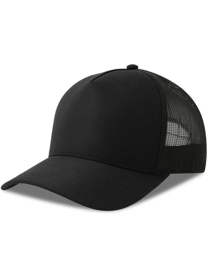 Dempo 5 Panel Unstructured Mid Profile Mid Visor Textured Stretch Recycled Trucker Cap — Black/Black [ABS-COLOUR:ACDEMC:NRNR]