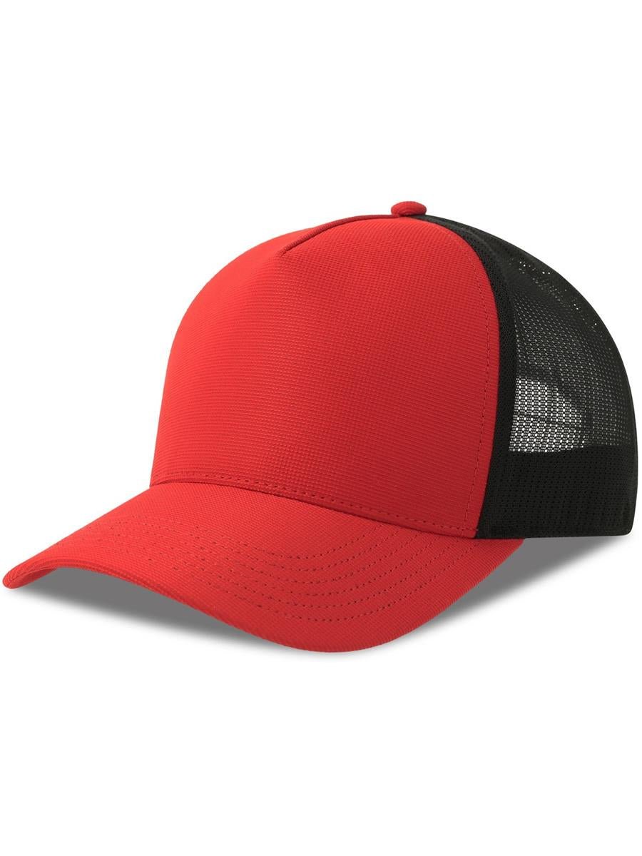 Dempo 5 Panel Unstructured Mid Profile Mid Visor Textured Stretch Recycled Trucker Cap — Red/Black [ABS-COLOUR:ACDEMC:RONR]