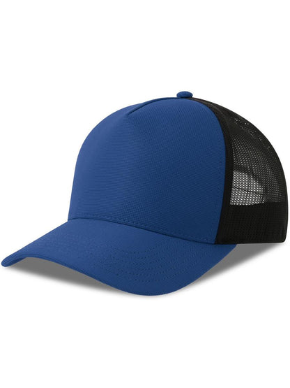 Dempo 5 Panel Unstructured Mid Profile Mid Visor Textured Stretch Recycled Trucker Cap — Royal/Black [ABS-COLOUR:ACDEMC:RYNR]