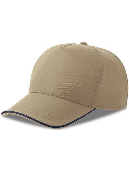 Recy Five Piping 5 Panel Structured Mid Profile Curved Visor Recycled Cap — Khaki/Navy [ABS-COLOUR:ACRCFP:KANV]