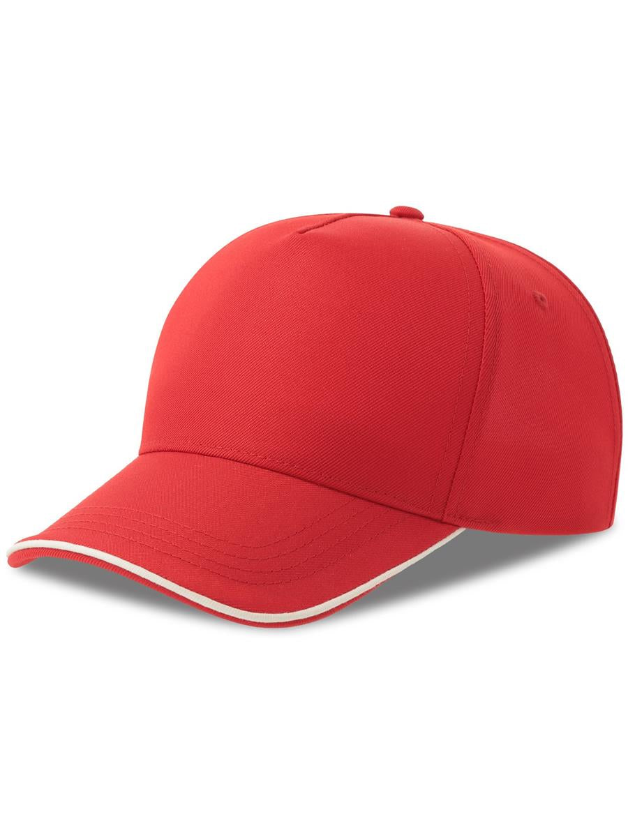 Recy Five Piping 5 Panel Structured Mid Profile Curved Visor Recycled Cap — Red/White [ABS-COLOUR:ACRCFP:ROBI]