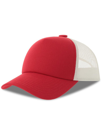 Record S 5 Panel Structured High Profile Mid Visor Recycled Trucker Cap — Red [ABS-COLOUR:ACRCRD:RO]