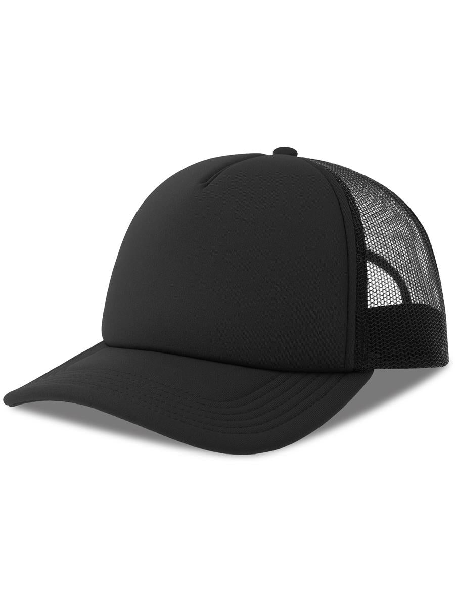 Rapper S 5 Panel Structured Foam Mid Profile Curved Visor Recycled Trucker Cap — Black/Black [ABS-COLOUR:ACRPPR:NRNR]