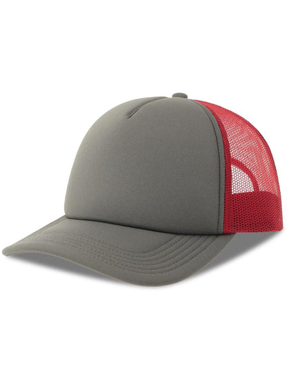 Rapper S 5 Panel Structured Foam Mid Profile Curved Visor Recycled Trucker Cap — Dk Grey/Burgundy [ABS-COLOUR:ACRPPR:GSBO]