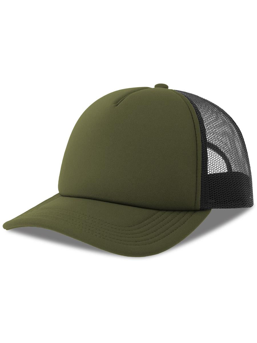 Rapper S 5 Panel Structured Foam Mid Profile Curved Visor Recycled Trucker Cap — Olive/Black [ABS-COLOUR:ACRPPR:OLNR]
