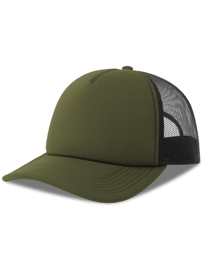 Rapper S 5 Panel Structured Foam Mid Profile Curved Visor Recycled Trucker Cap — Olive/Black [ABS-COLOUR:ACRPPR:OLNR]