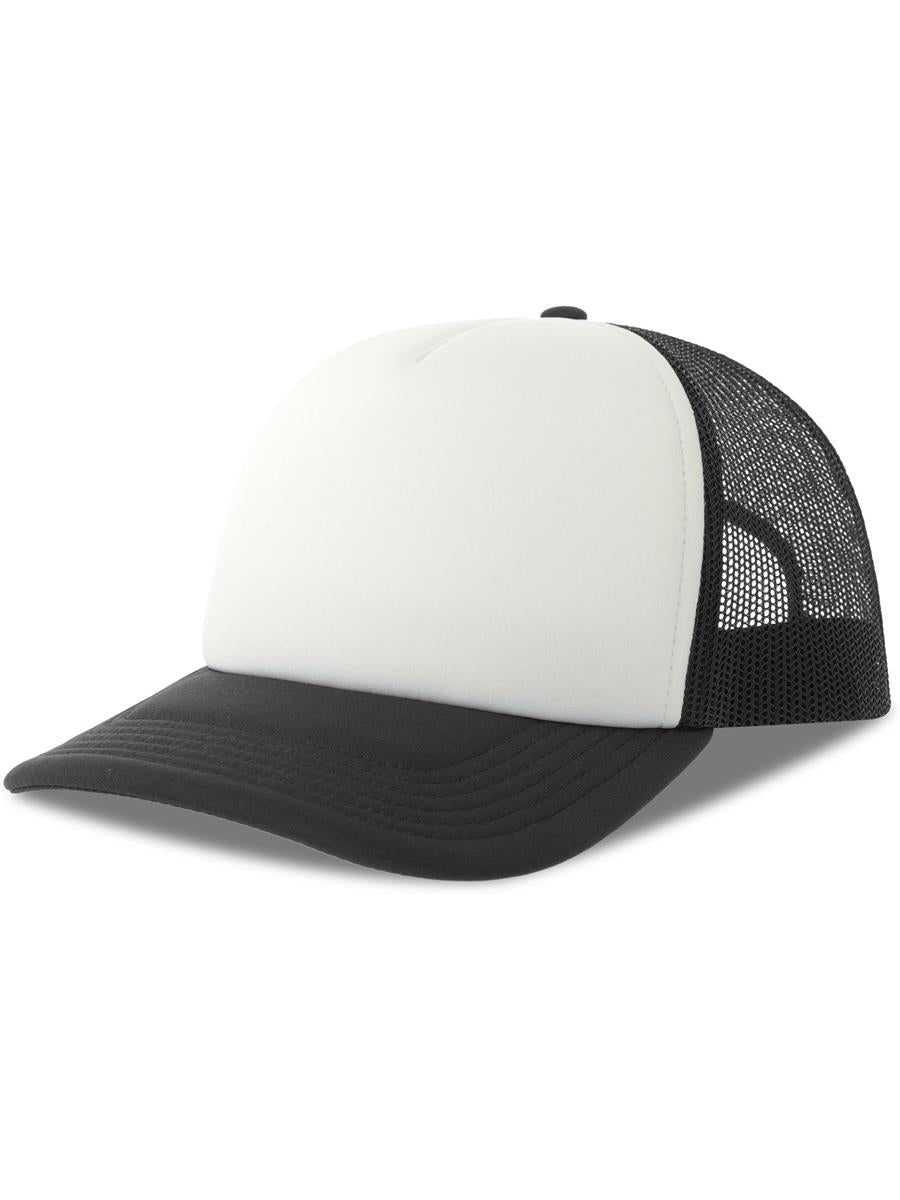 Rapper S 5 Panel Structured Foam Mid Profile Curved Visor Recycled Trucker Cap — White/Black [ABS-COLOUR:ACRPPR:BINR]