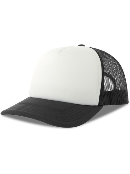 Rapper S 5 Panel Structured Foam Mid Profile Curved Visor Recycled Trucker Cap — White/Black [ABS-COLOUR:ACRPPR:BINR]