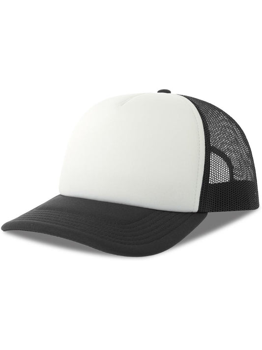 Rapper S 5 Panel Structured Foam Mid Profile Curved Visor Recycled Trucker Cap | ACRPPR — White/Black front [ABS-COLOUR:ACRPPR:BINR]
