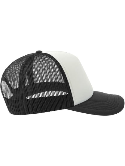 Rapper S 5 Panel Structured Foam Mid Profile Curved Visor Recycled Trucker Cap | ACRPPR — White/Black extra [ABS-COLOUR:ACRPPR:BINR]
