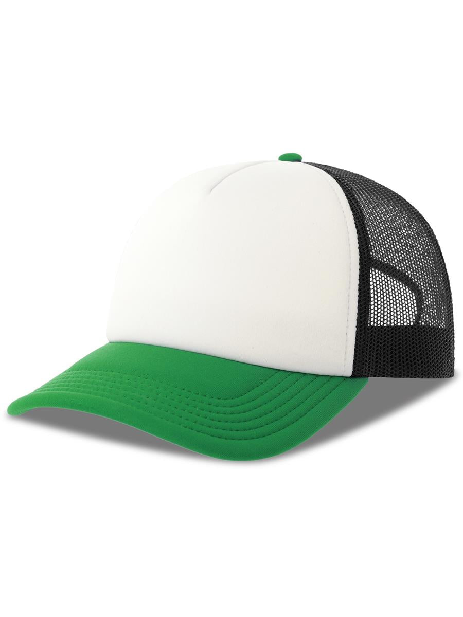 Rapper S 5 Panel Structured Foam Mid Profile Curved Visor Recycled Trucker Cap — White/Black/Green [ABS-COLOUR:ACRPPR:BNVE]