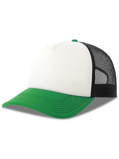 Rapper S 5 Panel Structured Foam Mid Profile Curved Visor Recycled Trucker Cap — White/Black/Green [ABS-COLOUR:ACRPPR:BNVE]