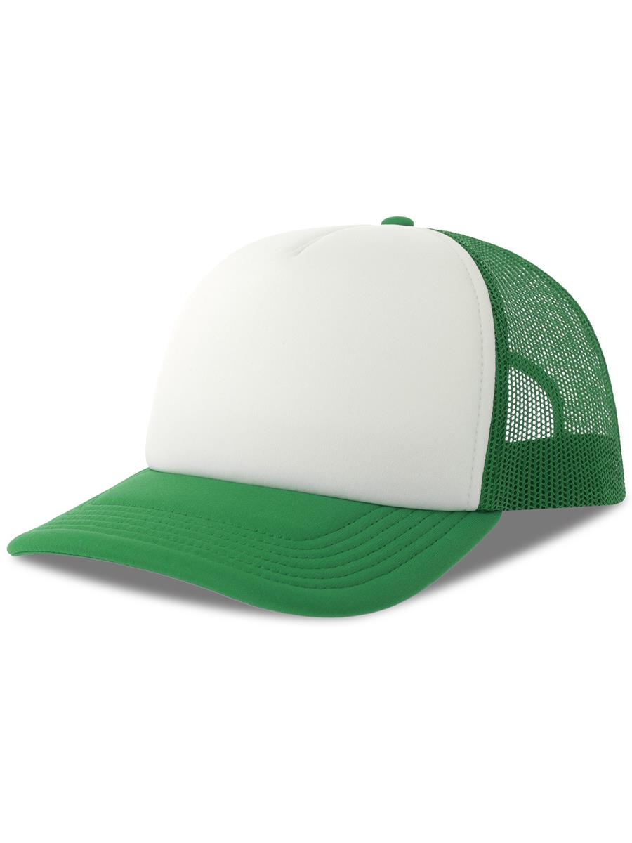 Rapper S 5 Panel Structured Foam Mid Profile Curved Visor Recycled Trucker Cap — White/Green [ABS-COLOUR:ACRPPR:BIVE]