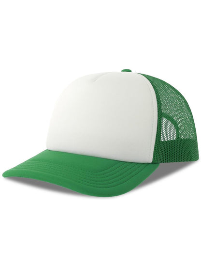 Rapper S 5 Panel Structured Foam Mid Profile Curved Visor Recycled Trucker Cap — White/Green [ABS-COLOUR:ACRPPR:BIVE]