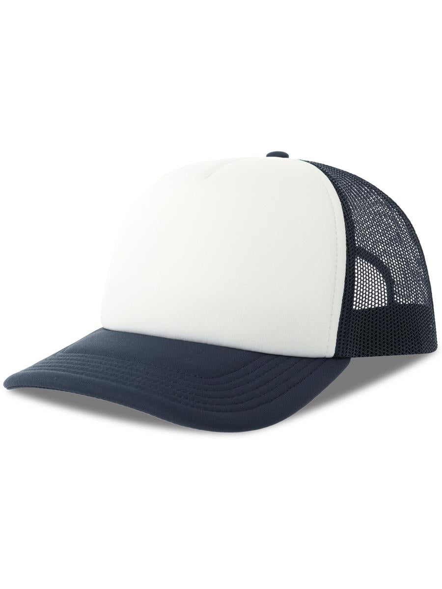 Rapper S 5 Panel Structured Foam Mid Profile Curved Visor Recycled Trucker Cap — White/Navy [ABS-COLOUR:ACRPPR:BINV]