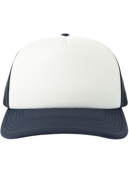 Rapper S 5 Panel Structured Foam Mid Profile Curved Visor Recycled Trucker Cap | ACRPPR — White/Navy extra [ABS-COLOUR:ACRPPR:BINV]