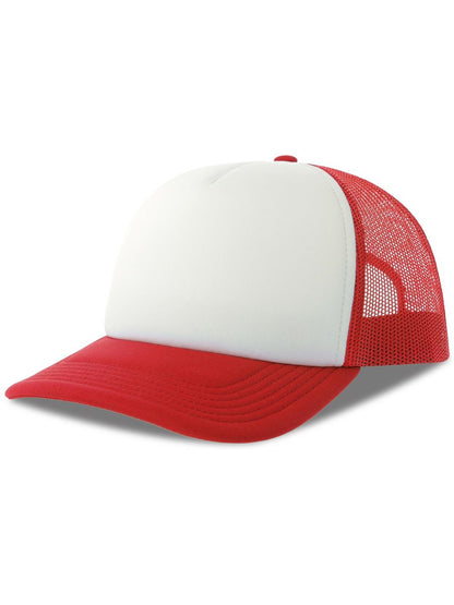 Rapper S 5 Panel Structured Foam Mid Profile Curved Visor Recycled Trucker Cap — White/Red [ABS-COLOUR:ACRPPR:BIRO]