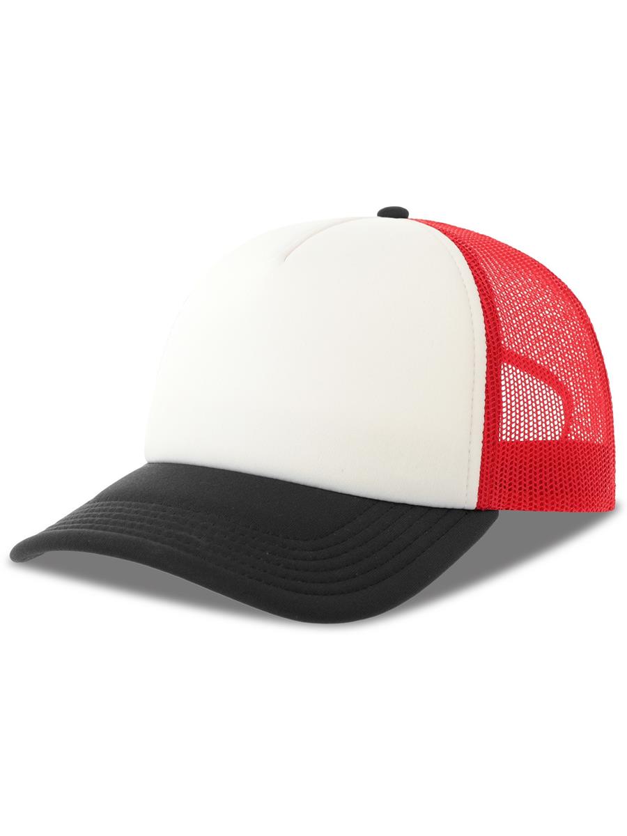 Rapper S 5 Panel Structured Foam Mid Profile Curved Visor Recycled Trucker Cap — White/Red/Black [ABS-COLOUR:ACRPPR:BIRN]