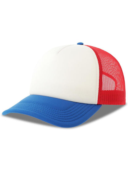 Rapper S 5 Panel Structured Foam Mid Profile Curved Visor Recycled Trucker Cap — White/Red/Royal [ABS-COLOUR:ACRPPR:BIRR]