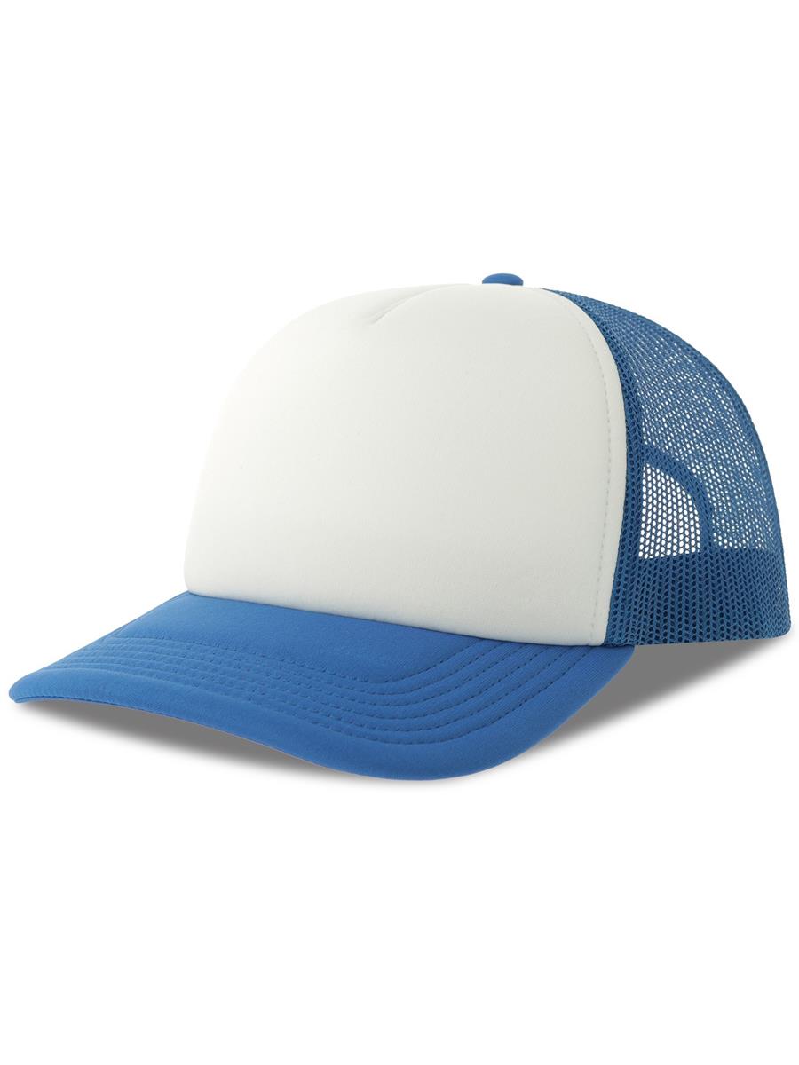 Rapper S 5 Panel Structured Foam Mid Profile Curved Visor Recycled Trucker Cap — White/Royal [ABS-COLOUR:ACRPPR:BIRY]