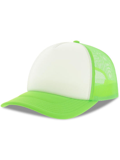 Rapper S 5 Panel Structured Foam Mid Profile Curved Visor Recycled Trucker Cap — White/Safety Green [ABS-COLOUR:ACRPPR:BIVF]