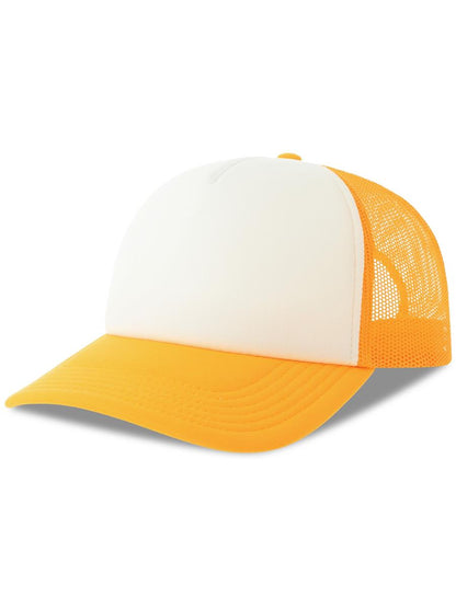 Rapper S 5 Panel Structured Foam Mid Profile Curved Visor Recycled Trucker Cap — White/Yellow [ABS-COLOUR:ACRPPR:BIGI]