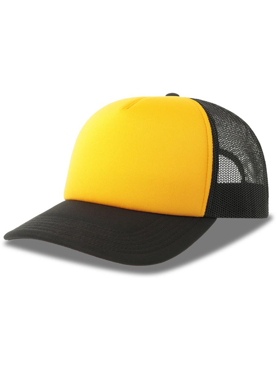 Rapper S 5 Panel Structured Foam Mid Profile Curved Visor Recycled Trucker Cap — Yellow/Black [ABS-COLOUR:ACRPPR:GINR]