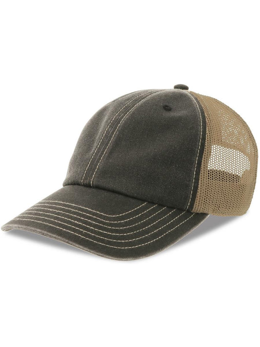 Teon 6 Panel Unstructured Low Profile Mid Visor Pigment Dyed Recycled Trucker Cap — Black/Khaki [ABS-COLOUR:ACTEON:NRKA]