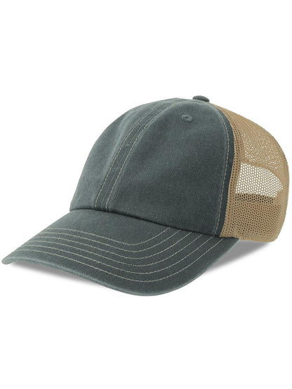 Teon 6 Panel Unstructured Low Profile Mid Visor Pigment Dyed Recycled Trucker Cap — Navy/Khaki [ABS-COLOUR:ACTEON:NVKA]