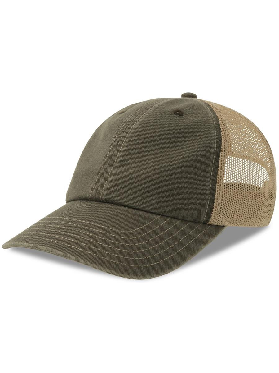 Teon 6 Panel Unstructured Low Profile Mid Visor Pigment Dyed Recycled Trucker Cap — Olive/Khaki [ABS-COLOUR:ACTEON:OLKA]