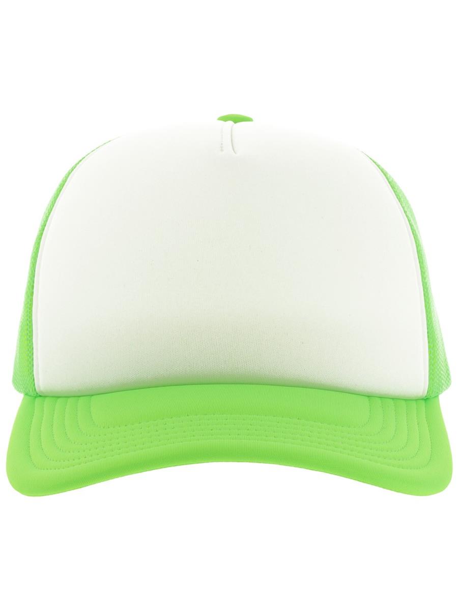 Rapper S 5 Panel Structured Foam Mid Profile Curved Visor Recycled Trucker Cap | ACRPPR — White/Safety Green extra [ABS-COLOUR:ACRPPR:BIVF]