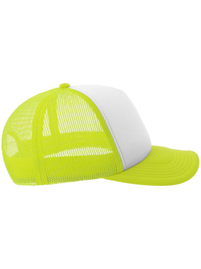 Rapper S 5 Panel Structured Foam Mid Profile Curved Visor Recycled Trucker Cap | ACRPPR — White/Safety Yellow extra [ABS-COLOUR:ACRPPR:BIGF]