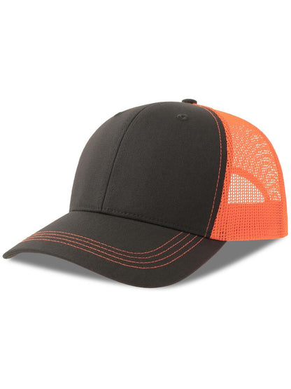 Sonic S 6 Panel Structured Mid Profile Mid Visor Contrast Organic Trucker Cap | ACSONS — Dark Grey/Orange Fluo extra [ABS-COLOUR:ACSONS:GSAF]