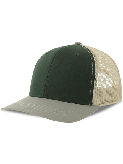 Sonic S 6 Panel Structured Mid Profile Mid Visor Contrast Organic Trucker Cap | ACSONS — Bottle Green/Grey/Stone extra [ABS-COLOUR:ACSONS:VBGS]