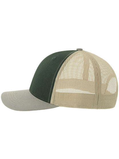 Sonic S 6 Panel Structured Mid Profile Mid Visor Contrast Organic Trucker Cap | ACSONS — Bottle Green/Grey/Stone extra [ABS-COLOUR:ACSONS:VBGS]